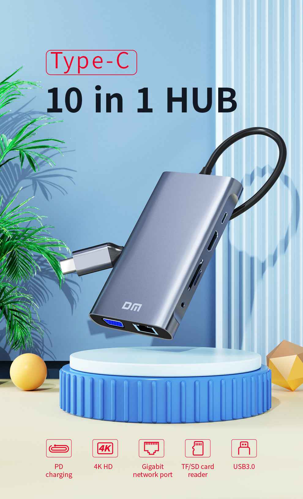 DM Type-C TO 10 Port HUB CHB055