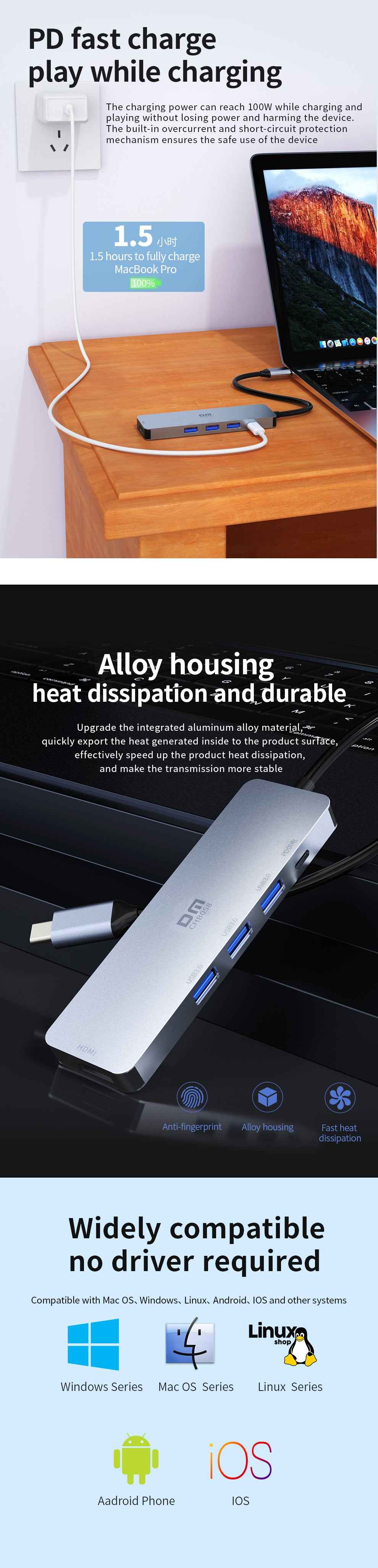 DM  Type-C to 4K HDMI 3*USB 3.0 PD Hub CHB058