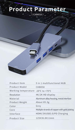 DM  Type-C to 4K HDMI 3*USB 3.0 PD Hub CHB058