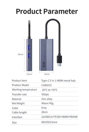 DM Type C 6 in 1 Hub CHB059