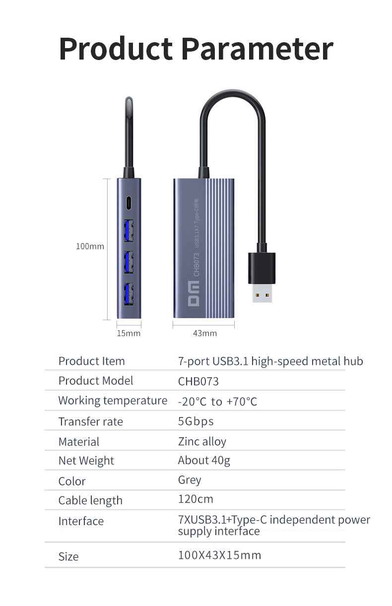 DM USB Hub 3.1 7 Port with Type C Power CHB073