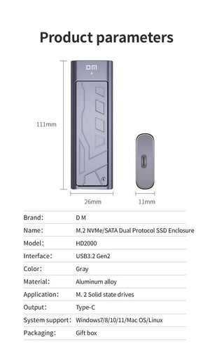 DM Enclosure M.2 NVMe USB 3.1 Gen2 Type-C 20Gbps HD2000