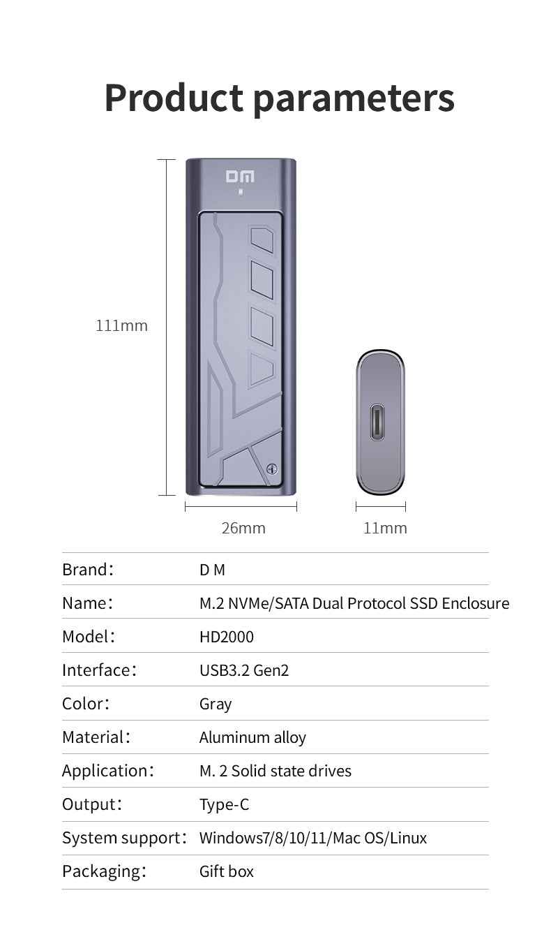 DM Enclosure M.2 NVMe USB 3.1 Gen2 Type-C 20Gbps HD2000