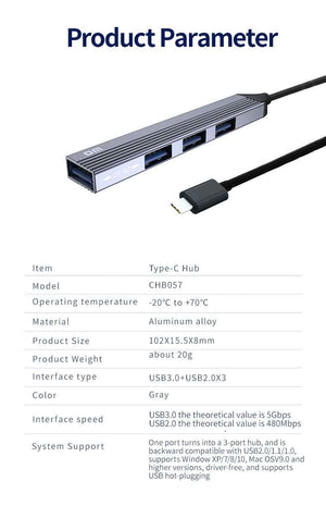 DM Type-C to 4 Ports 3*USB 2.0 1*USB 3.0 Hub CHB057