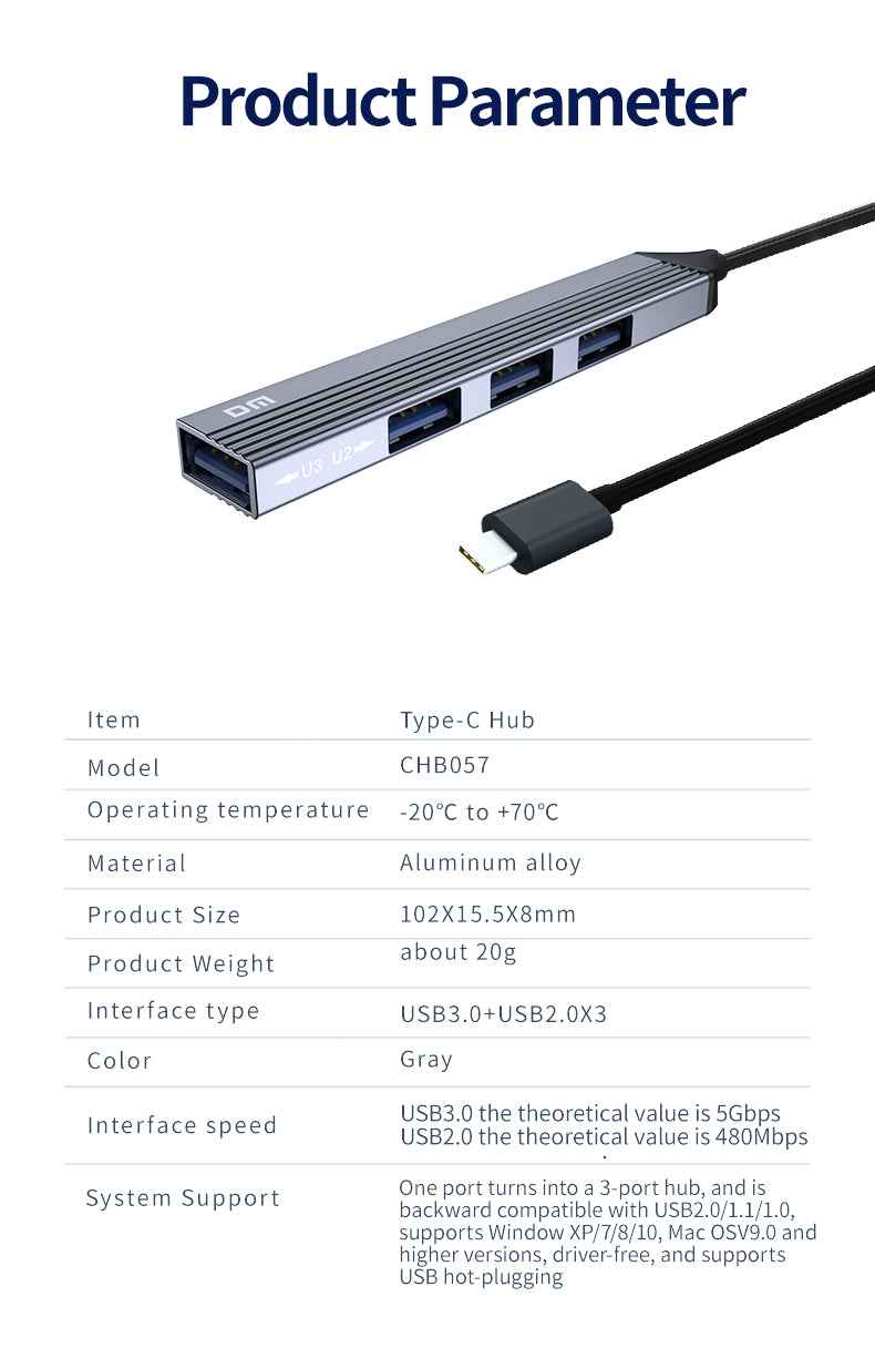 DM Type-C to 4 Ports 3*USB 2.0 1*USB 3.0 Hub CHB057