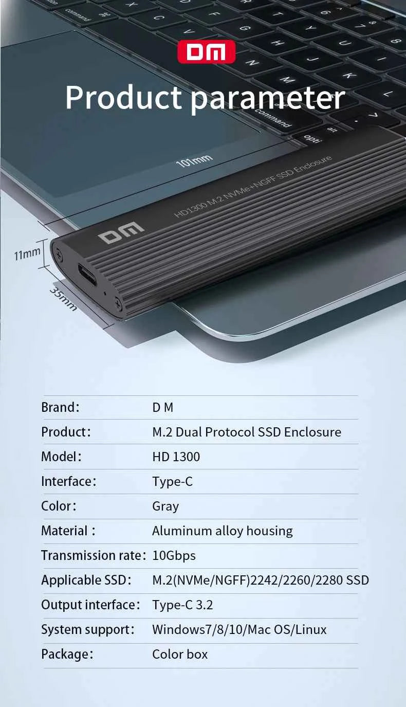 DM Enclosure M.2 NVMe USB 3.1 Gen2 Type-C HD1300