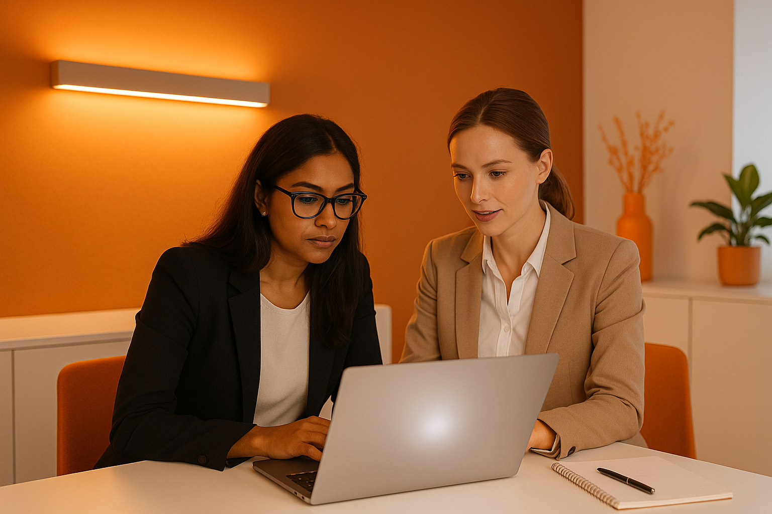 generate for me image: Women working on laptop, colors: Orange and white